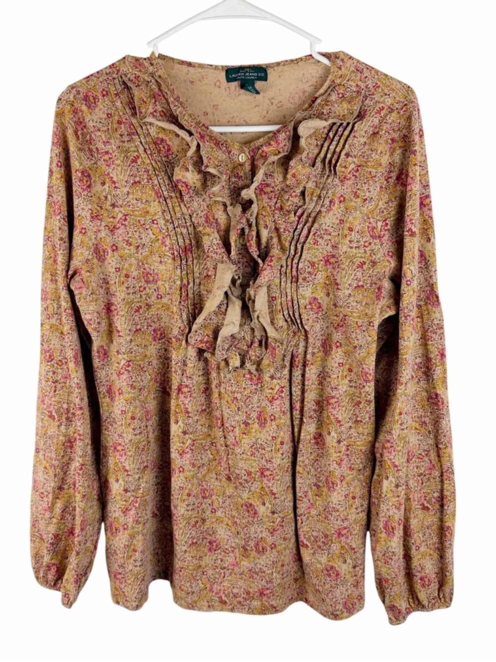 Lauren Ralph Lauren Paisley Ruffle Blouse Boho Cottagecore Long Sleeve XL